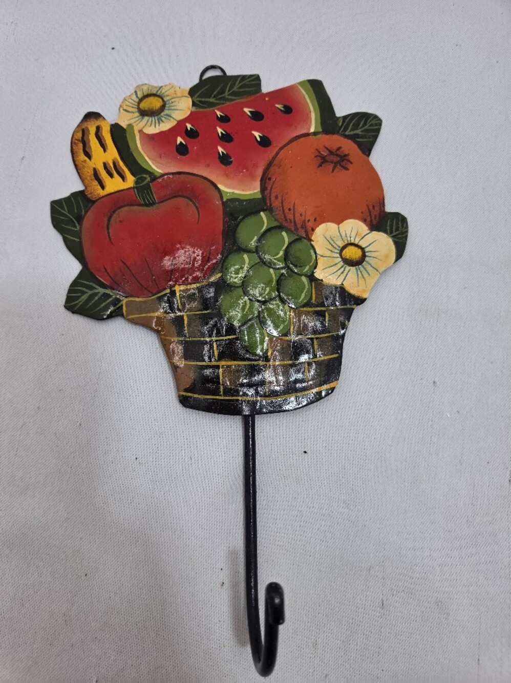 Vintage HandPainted Metal Fruit Basket Wall Hook Rustic Kitchen Key Towel Hanger